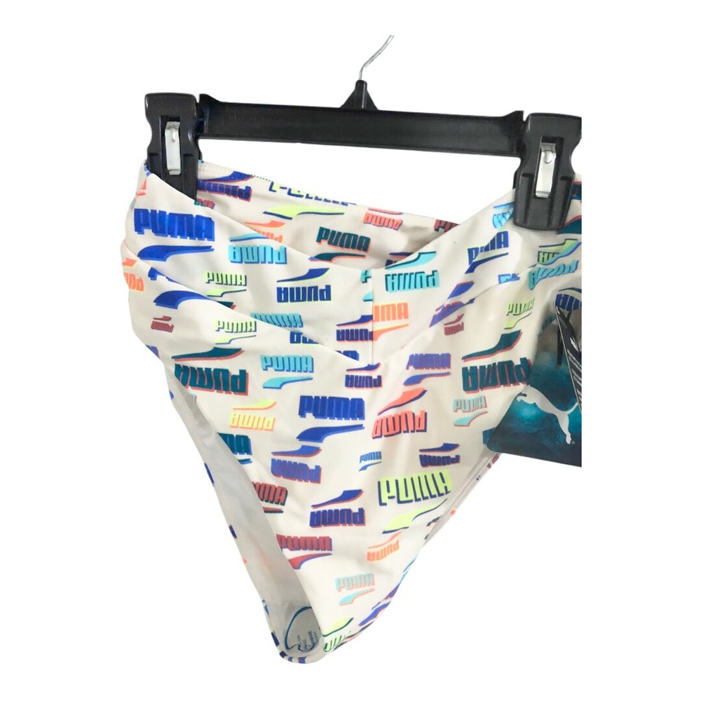 Puma multi logo monogrammed colorful high waisted bikini bottom size small new